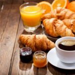breakfast with cup of coffee and croissants