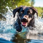reeze the Moment of a Majestic Labrador Retriever's Leaping Dive. Capturing the Sparkling Lake, Joyful Retrieval, and Exemplary Swimming Prowess. generative ai