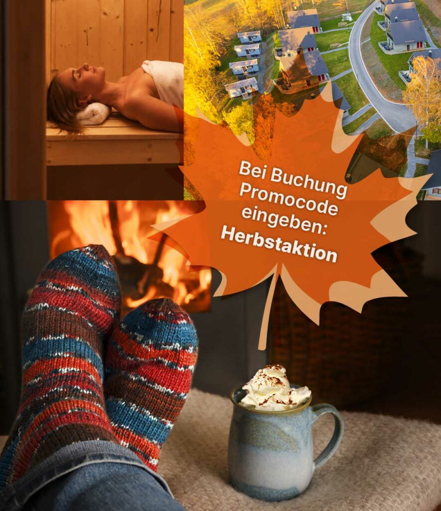 Collage mit einer Frau in der Sauna, Füßen in Socken vor dem Kamin sowie eine Luftaufnahme der Ferienhäuser der Harz-Urlaubs-Alm.